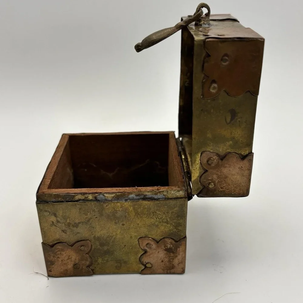 Vtg‎ Brass Copper Box Wood Lined Hand Crafted Brass Fitted Made In India Patina